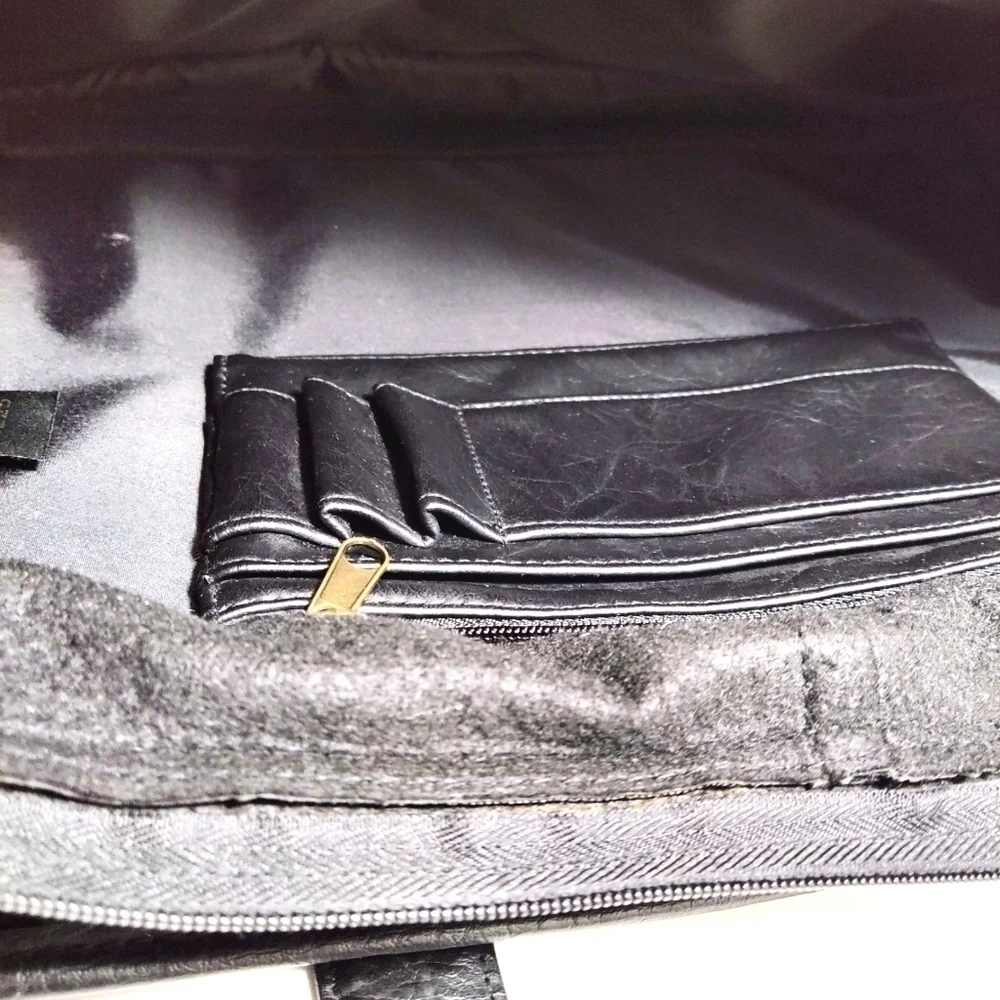 Black Faux Leather Briefcase Messenger Bag with Multiple Zipper Pockets